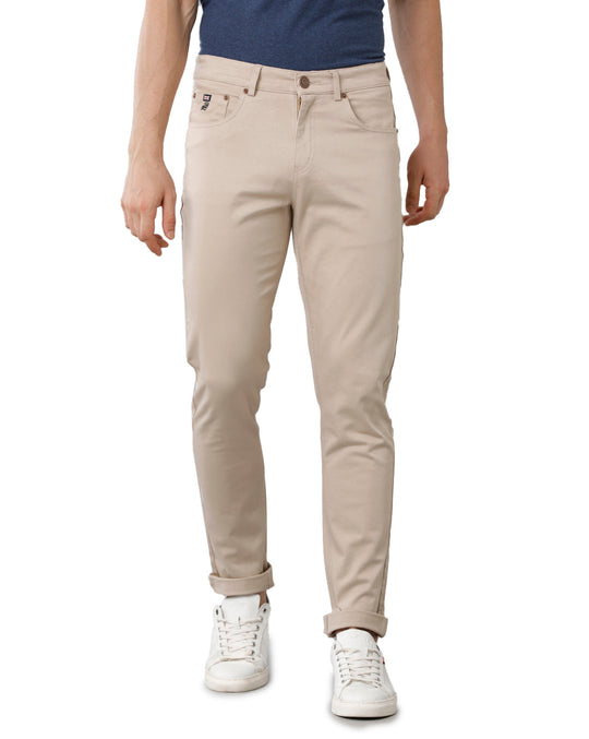 Cream Solid Casual Cotton Trouser