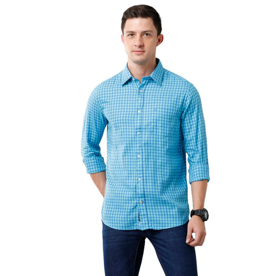Ocean Blue Checks Casual Shirt Slim Fit