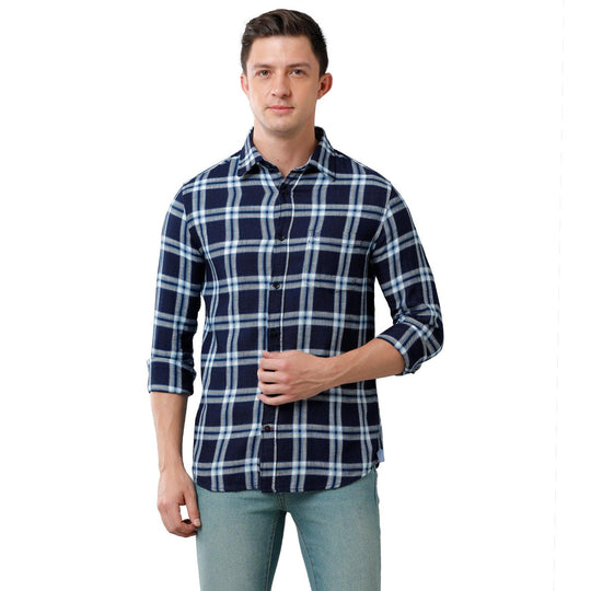Navy Blue Checks Casual Shirt Slim Fit