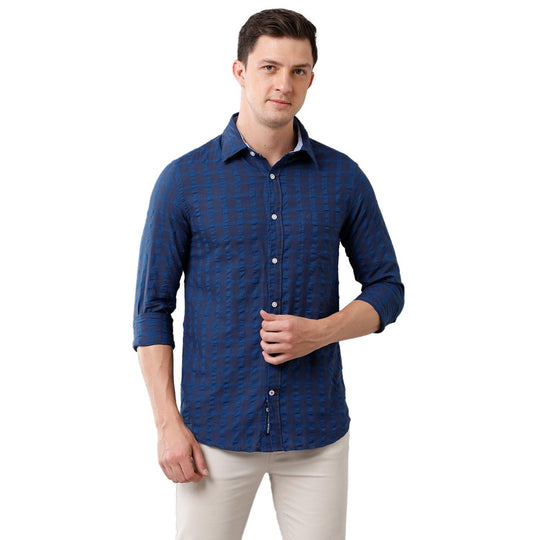 Navy Blue Checks Casual Shirt Slim Fit