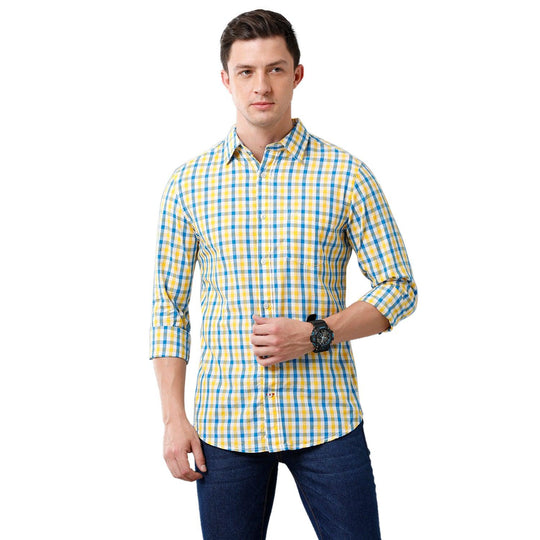 Yellow Checks Casual Shirt Slim Fit
