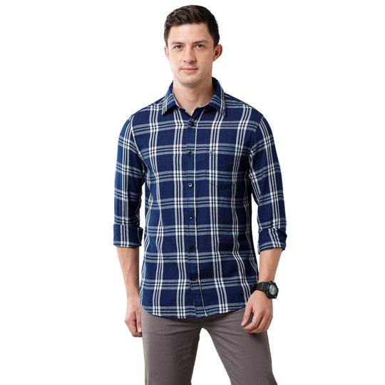 Navy Blue Checks Casual Shirt Slim Fit