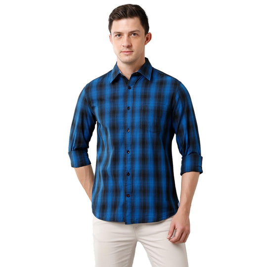 Navy Blue Checks Casual Shirt Slim Fit