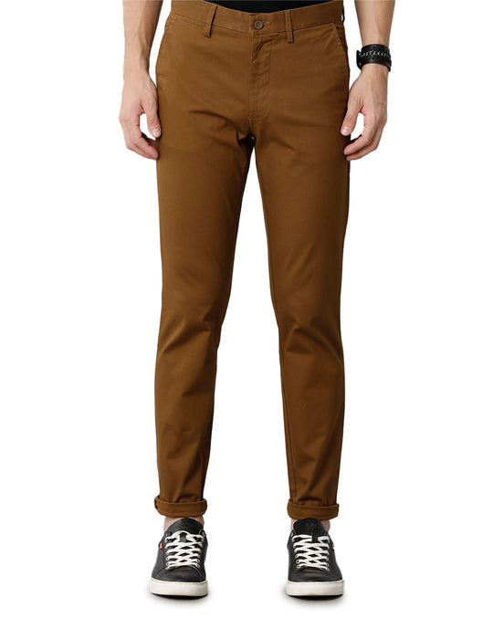 Golden Brown Solid Casual Cotton Trouser