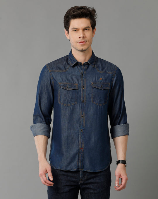Indigo Blue Solid With Westerns Yoke Denim Shirts