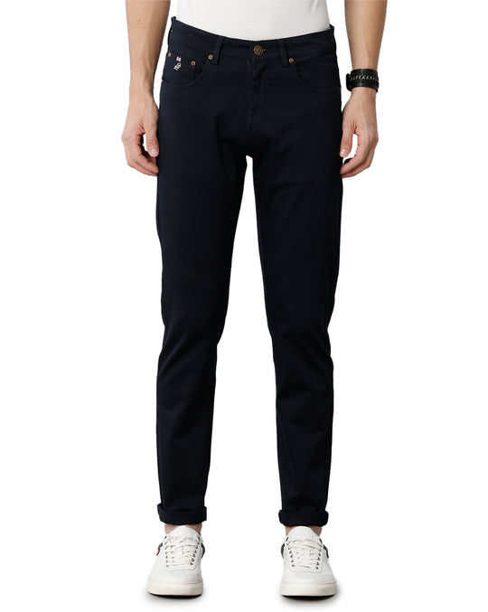 Navy Blue Solid Casual Cotton Trouser