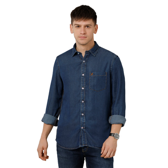 Mid Indigo Blue Indigo Solid Casual Shirt