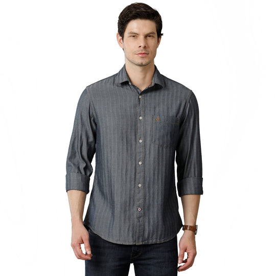 Elephant Grey Herringbone Stripes Denim Shirts
