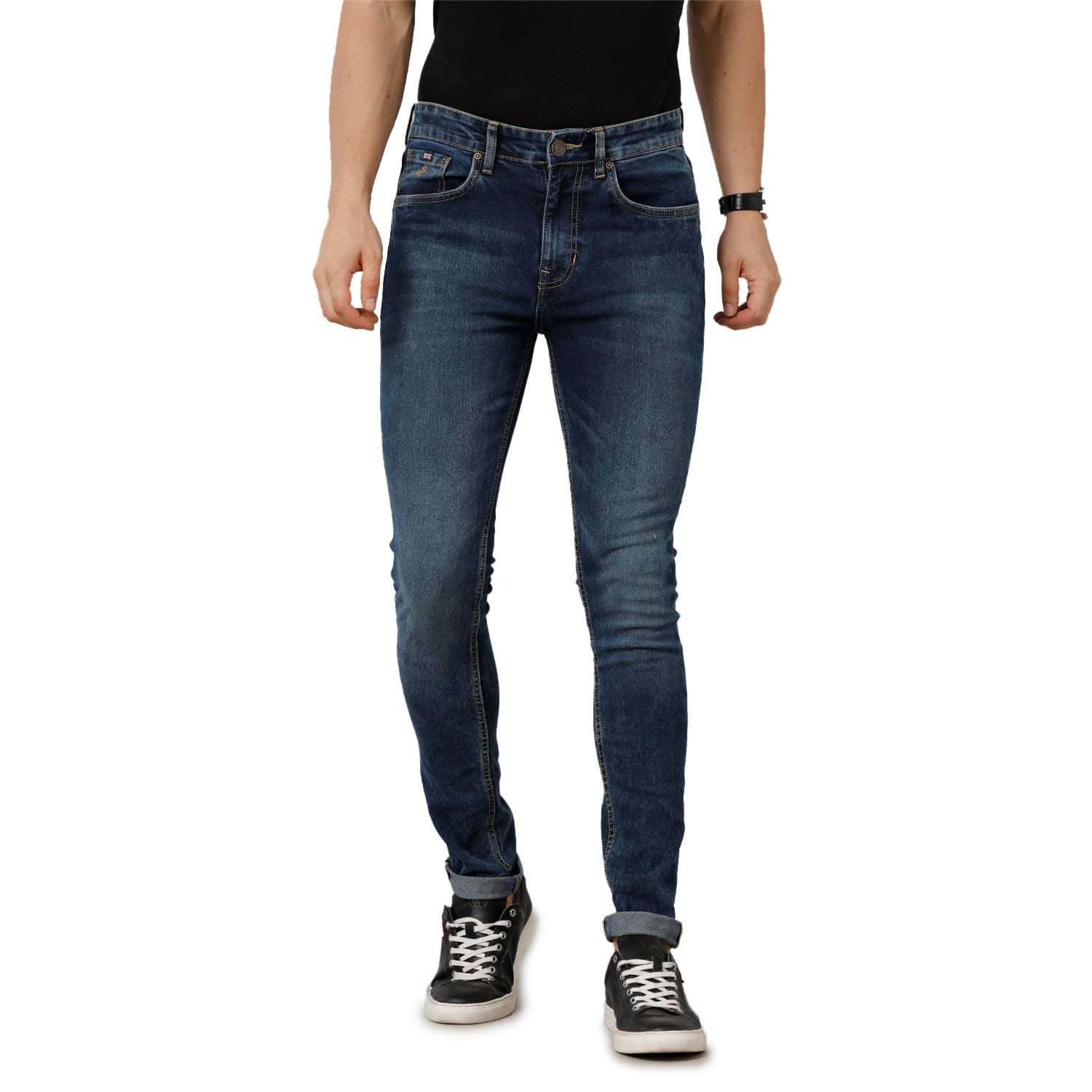 Blue Solid Brush Wash Jeans Lean Fit