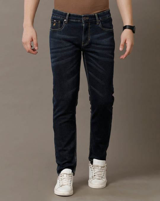 Double Two Men's Slim Fit Solid Blue Jeans