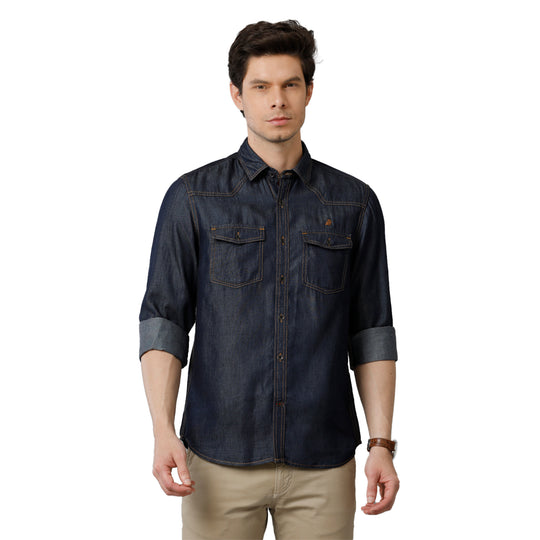 Deep Indigo Blue Solid With Westerns Yoke  Denim Shirts