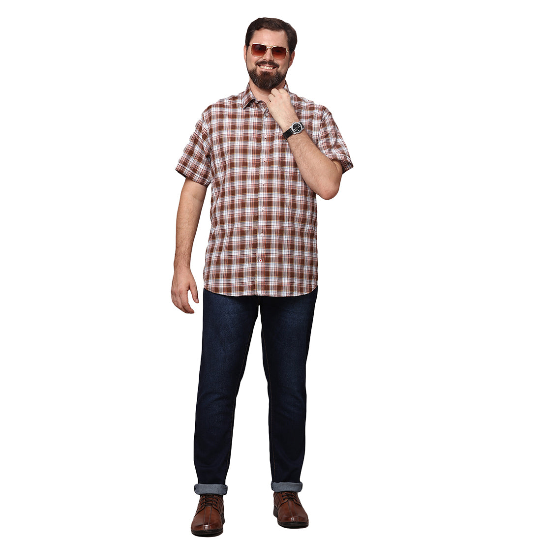Big & Bold Checks Brown Half Sleeves Slim Fit Casual Shirts (Plus Size) - Double Two