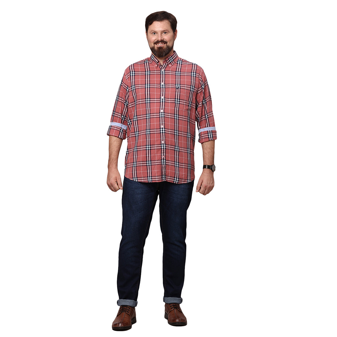 Big & Bold Checks Rust Full Sleeves Slim Fit Casual Shirts (Plus Size) - Double Two