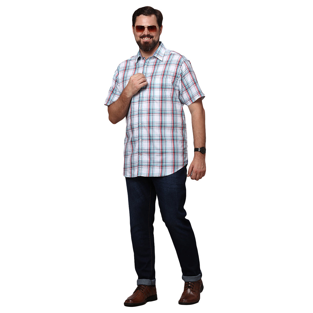 Big & Bold Checks Teal Half Sleeves Slim Fit Casual Shirts (Plus Size) - Double Two