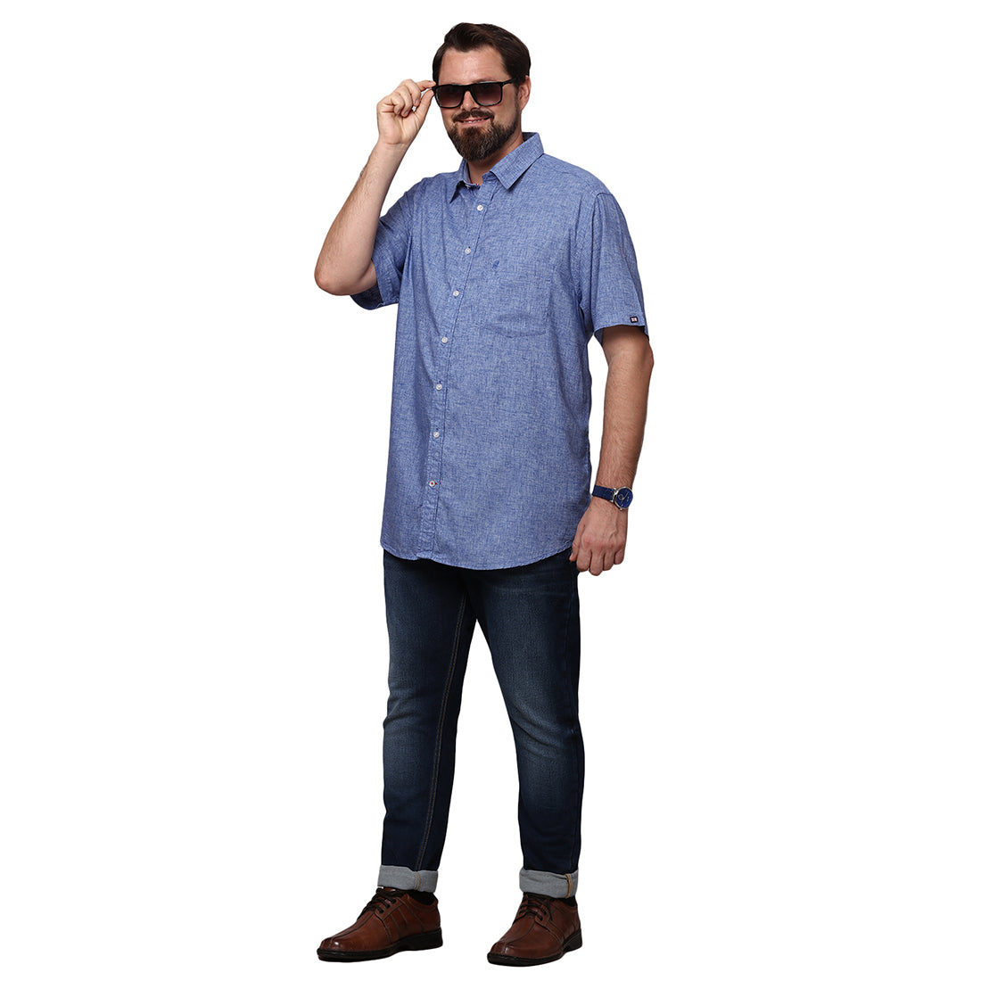 Big & Bold Solid Blue Half Sleeves Slim Fit Casual Shirts (Plus Size) - Double Two