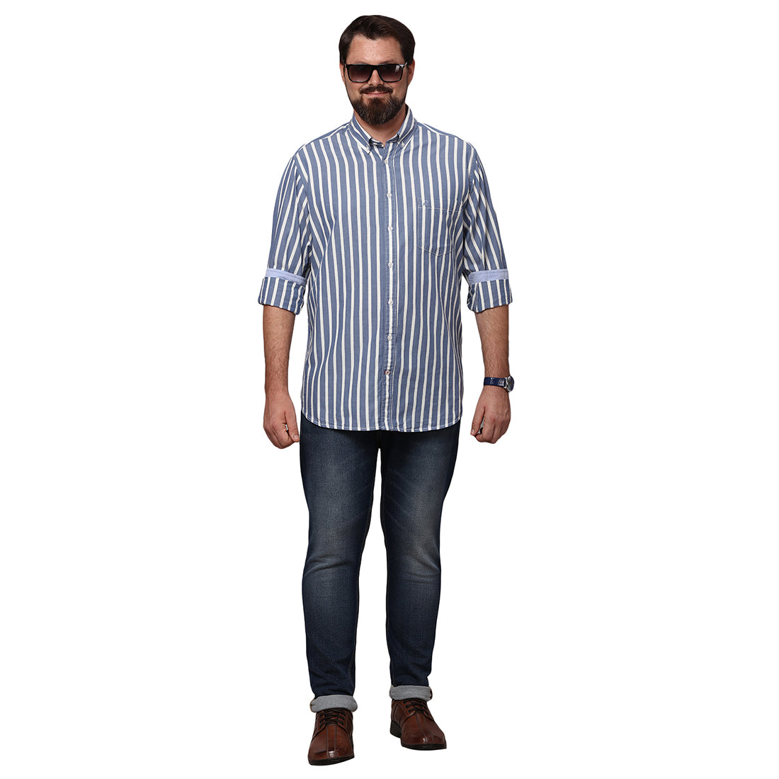 Big & Bold Stripes Blue Full Sleeves Slim Fit Casual Shirts (Plus Size) - Double Two