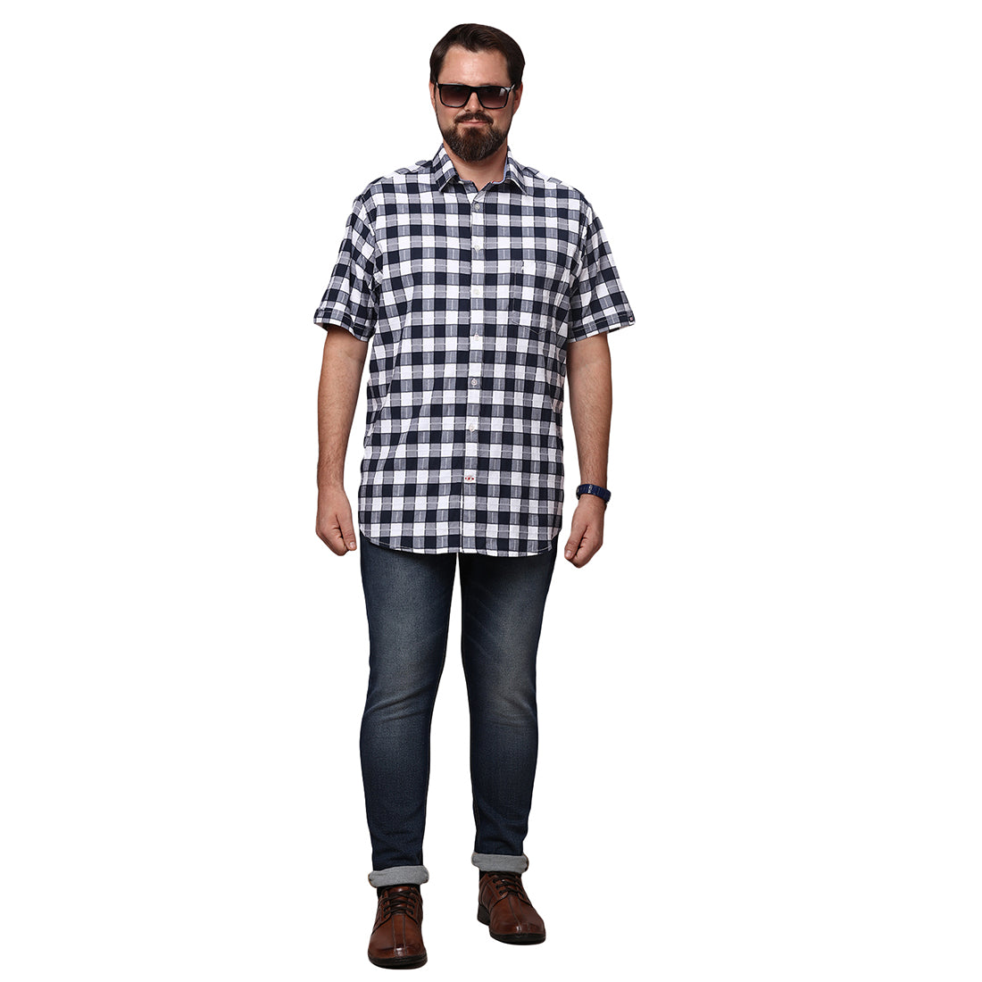 Big & Bold Checks Navy Blue Half Sleeves Slim Fit Casual Shirts (Plus Size) - Double Two