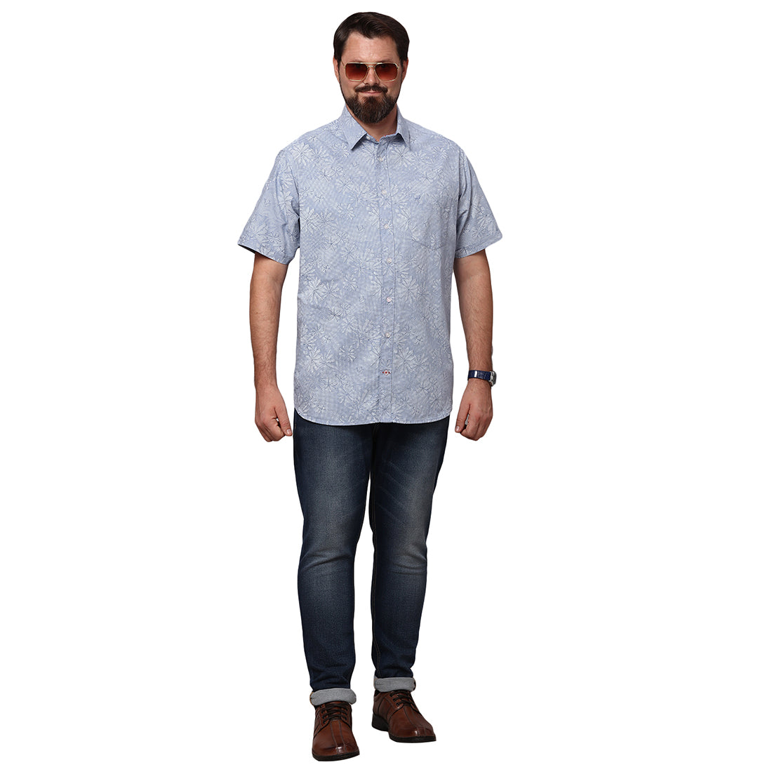 Big & Bold Print Blue Half Sleeves Slim Fit Casual Shirts (Plus Size) - Double Two