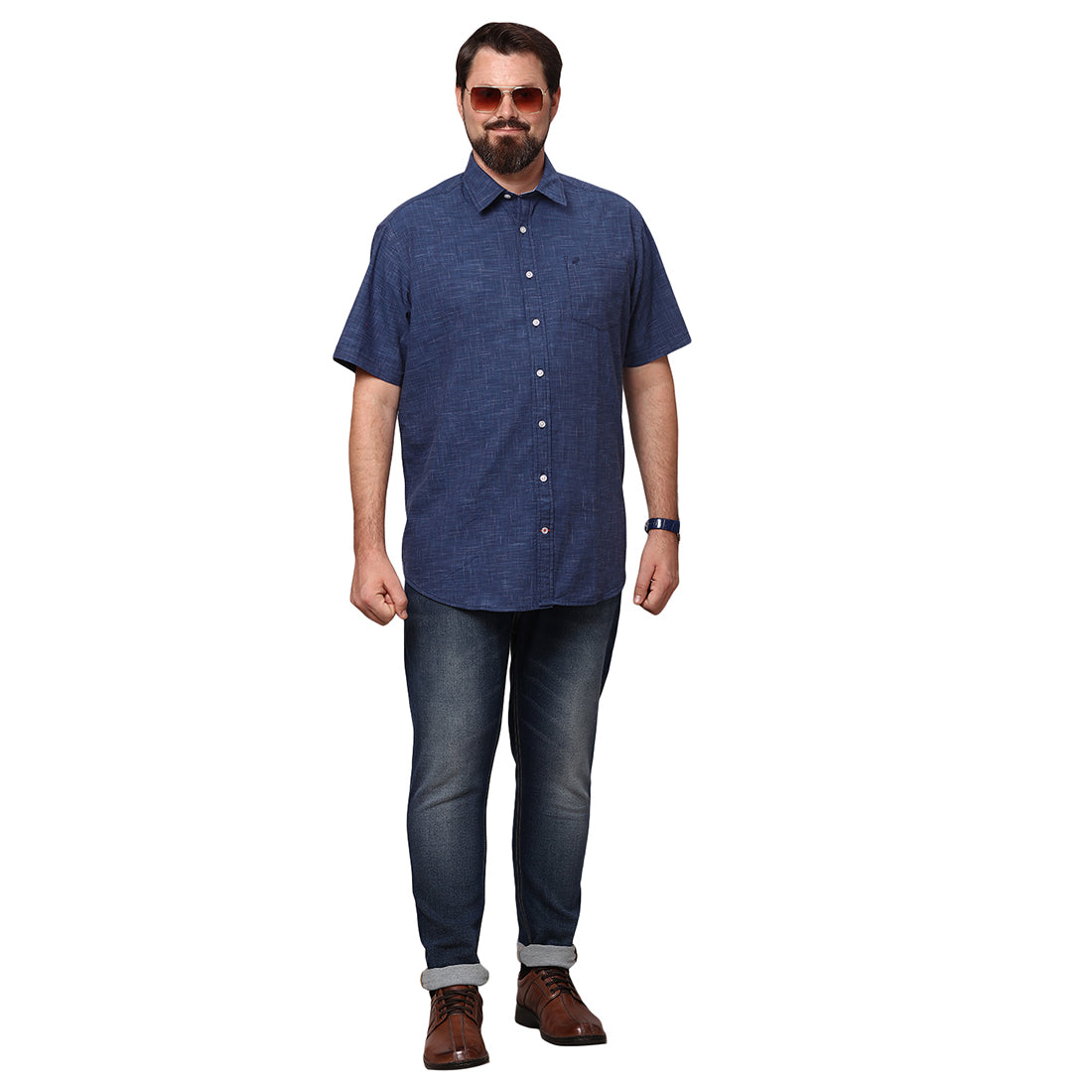 Big & Bold Solid Navy Blue Half Sleeves Slim Fit Casual Shirts (Plus Size) - Double Two
