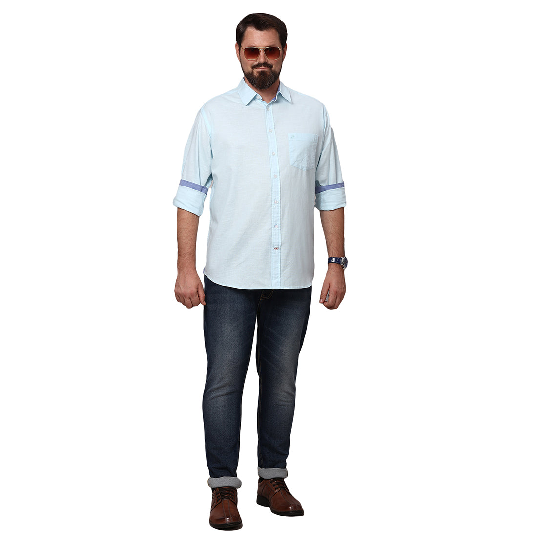 Big & Bold Solid Sky Blue Full Sleeves Slim Fit Casual Shirts (Plus Size) - Double Two