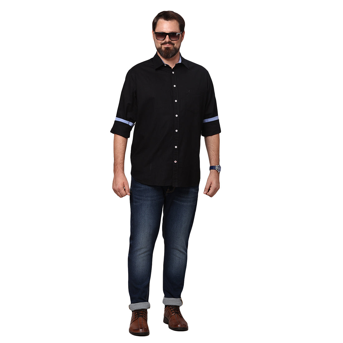 Big & Bold Solid Black Full Sleeves Slim Fit Casual Shirts (Plus Size) - Double Two