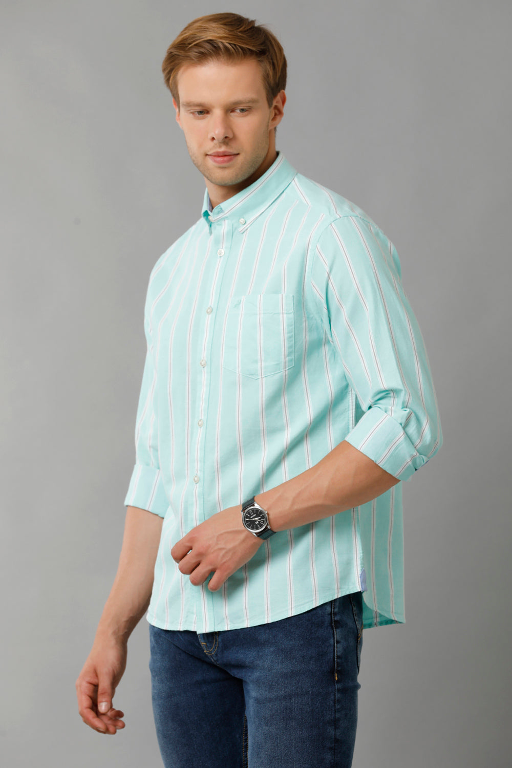 Sea Green Stripes Casual Shirt