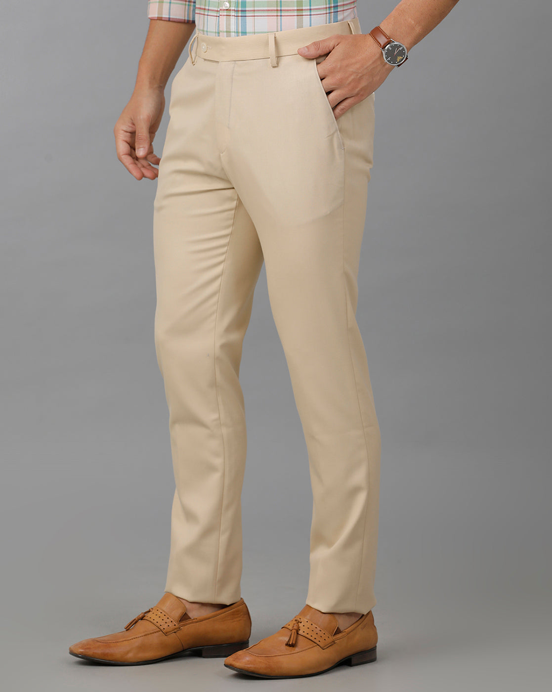 Beige Cross Pocket Rigid Structure Formal Trouser