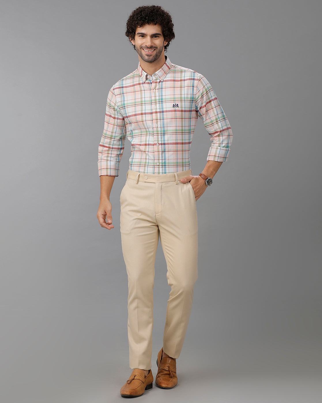 Beige Cross Pocket Rigid Structure Formal Trouser