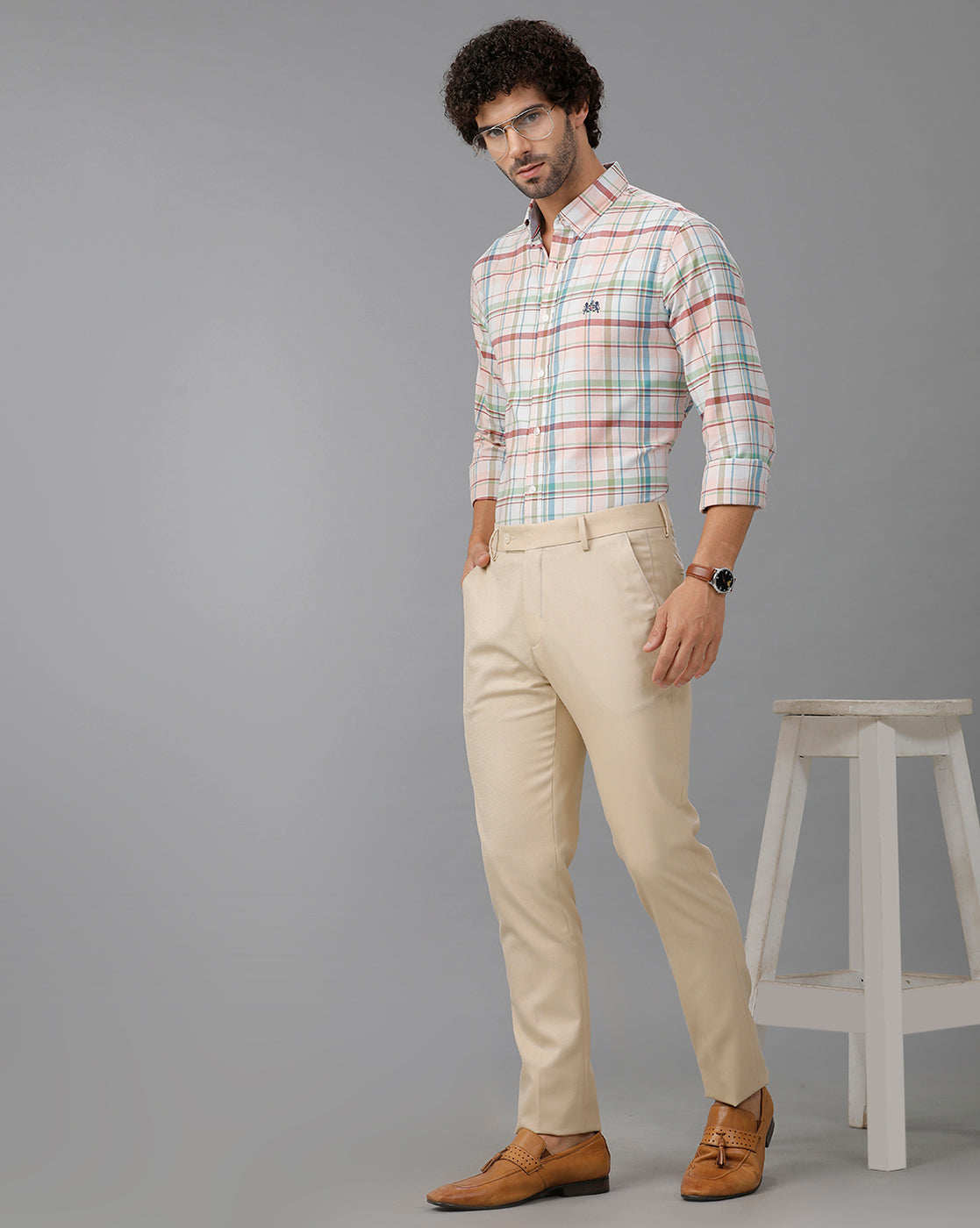 Beige Cross Pocket Rigid Structure Formal Trouser