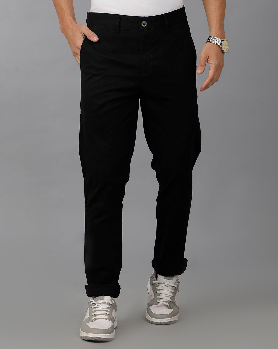 Lean Fit Cross Pocket Solid Black Cotton Trouser