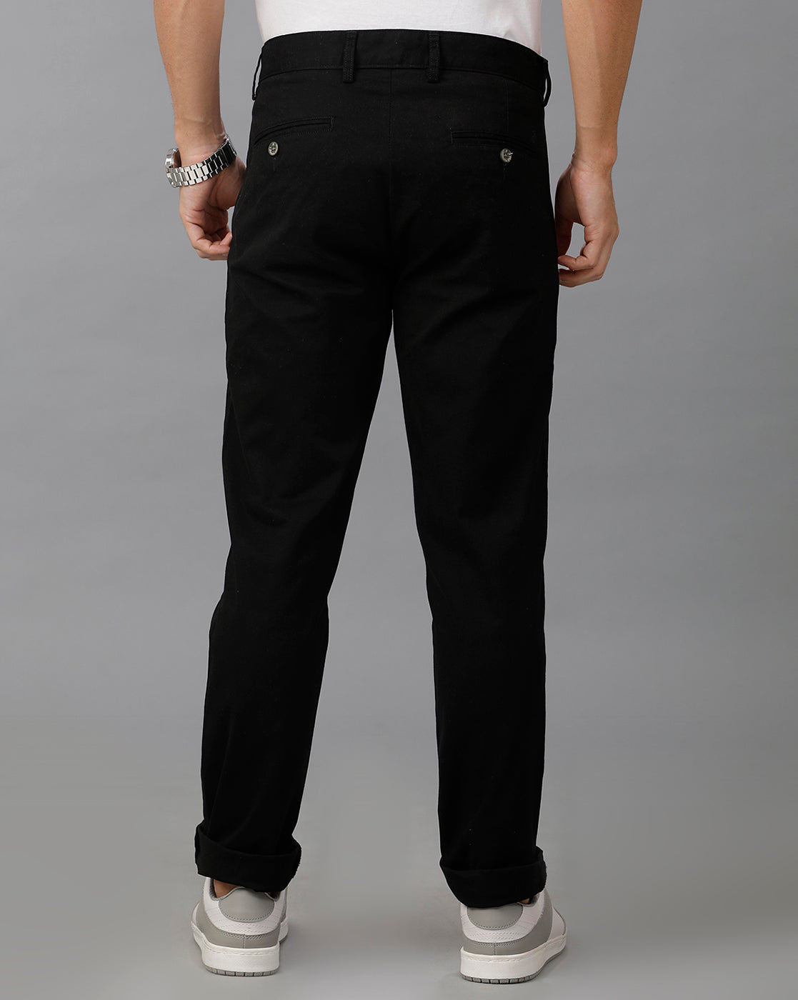 Lean Fit Cross Pocket Solid Black Cotton Trouser