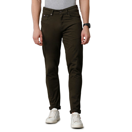 Dark olive Solid Casual Cotton Trouser