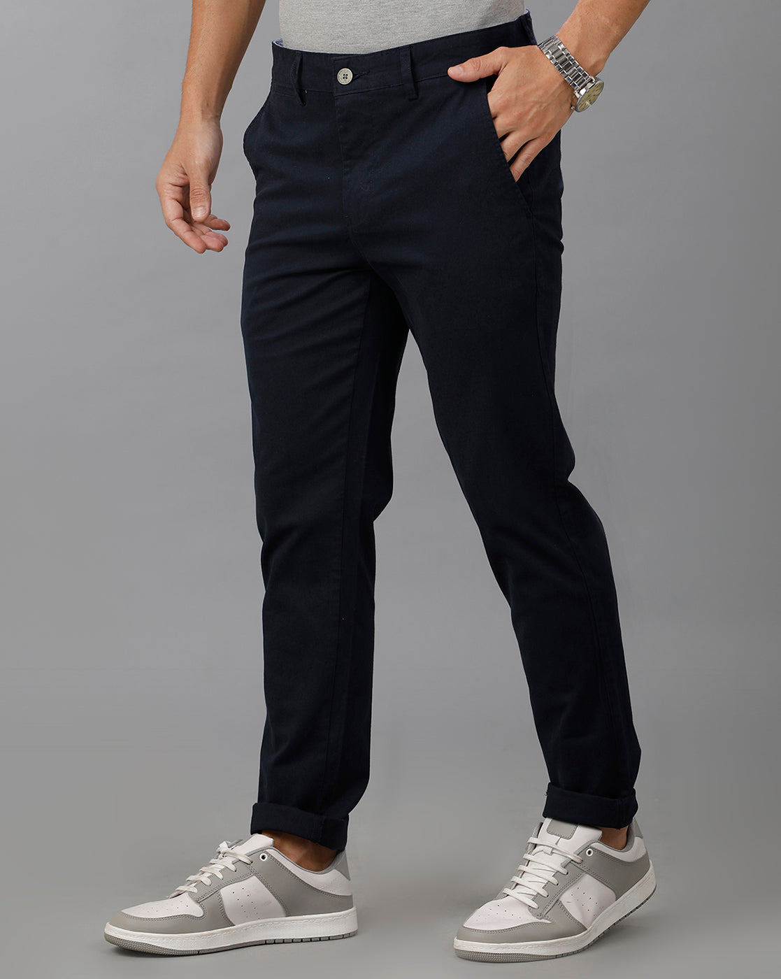 Lean Fit Cross Pocket Solid Navy Blue Cotton Trouser