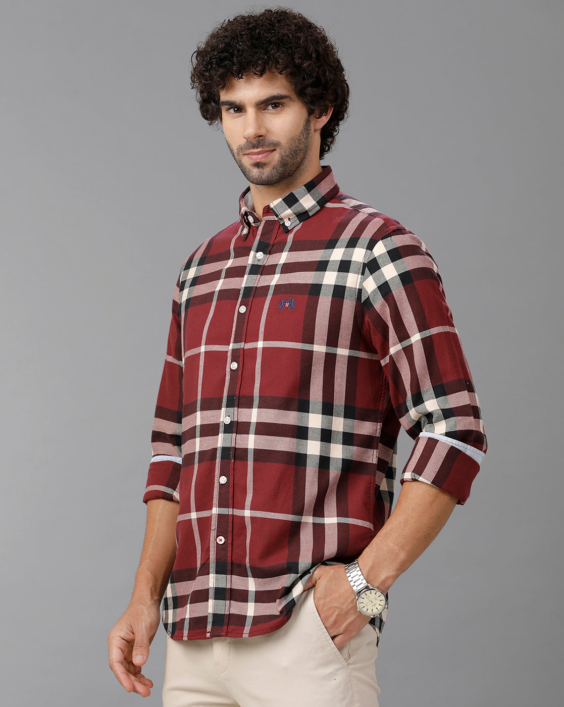 Maroon Brushed Twill Checks Shirt