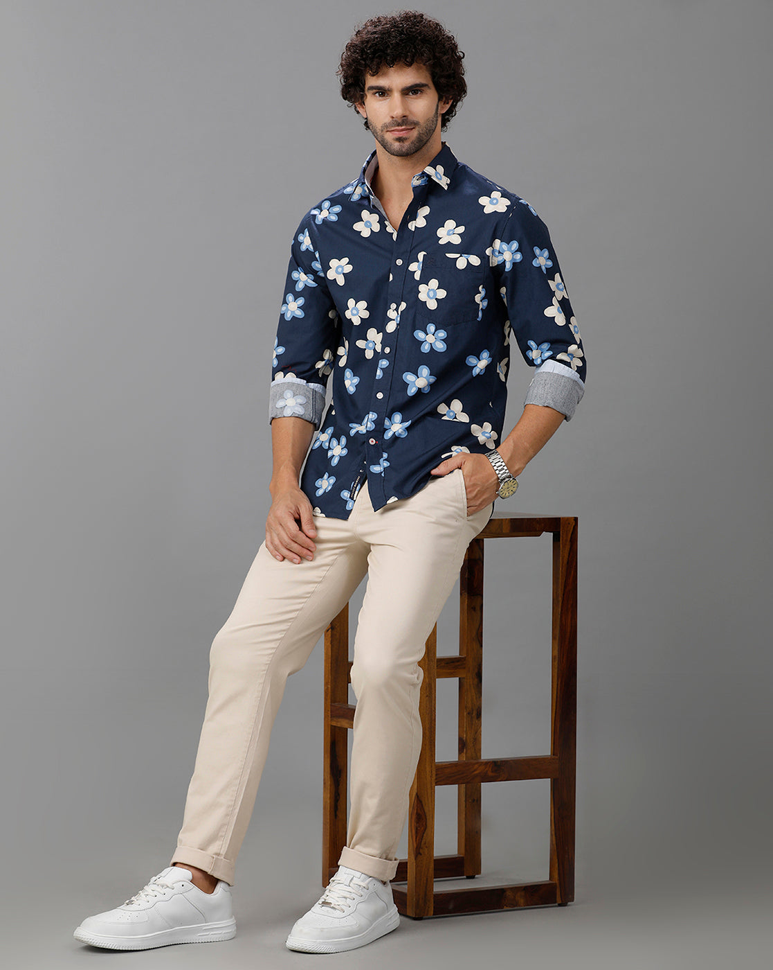 Navy Blue Printed Cotton Shirt