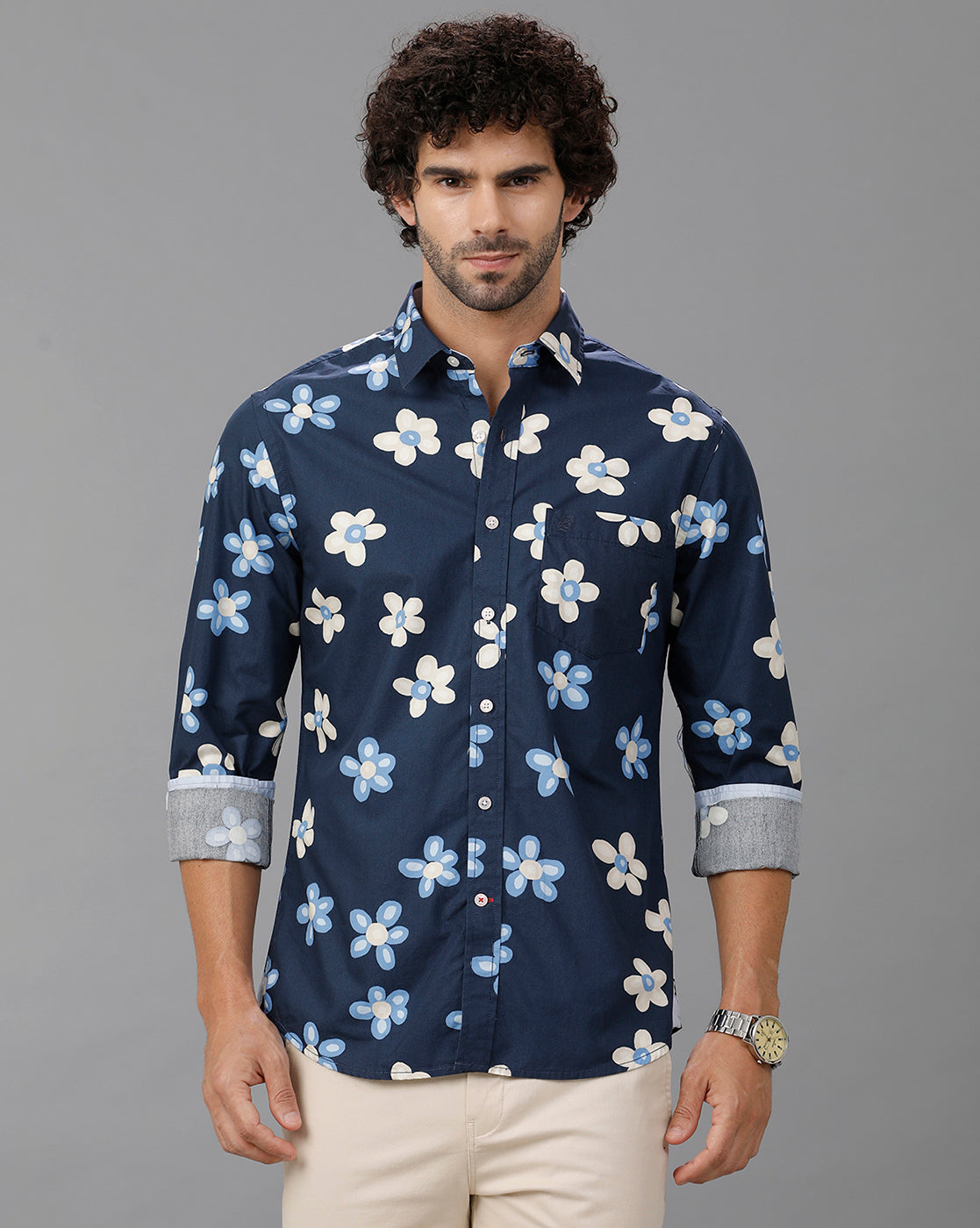 Navy Blue Printed Cotton Shirt