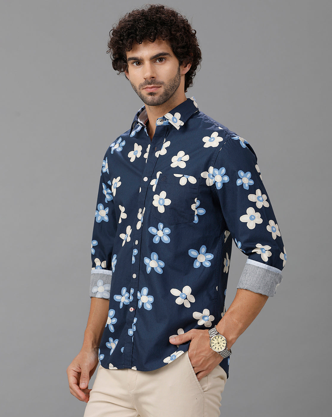 Navy Blue Printed Cotton Shirt