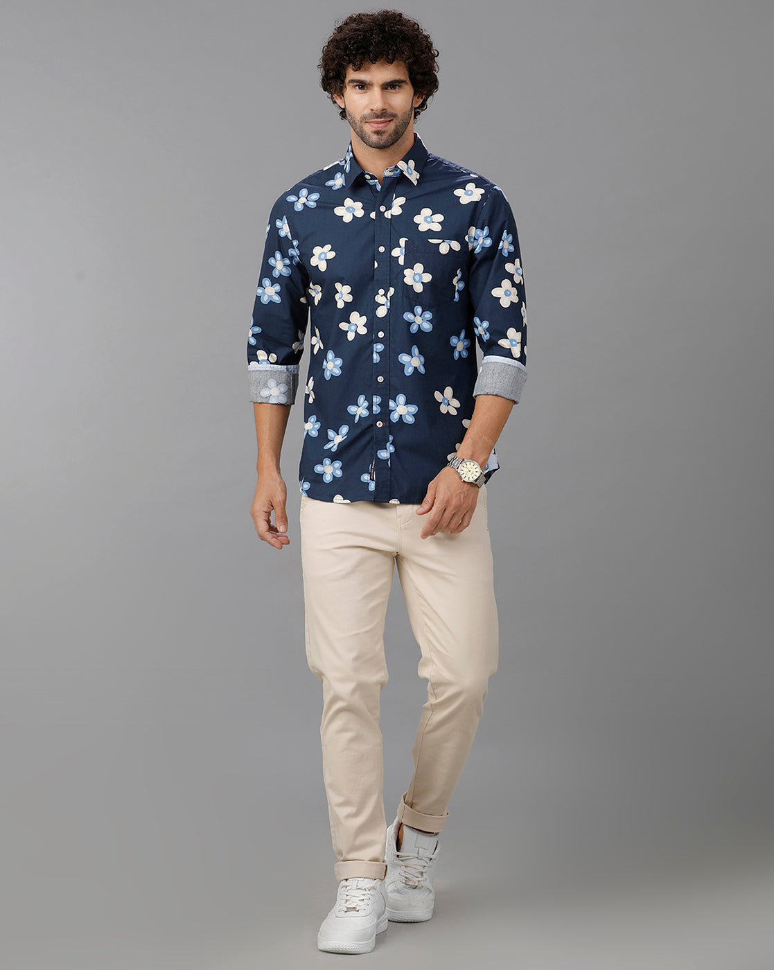 Navy Blue Printed Cotton Shirt