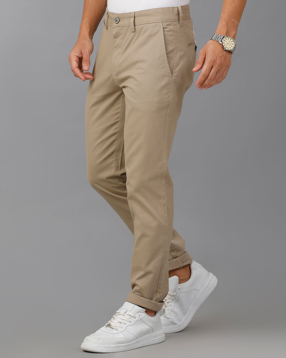 Lean Fit Cross Pocket Solid Beige Cotton Trouser