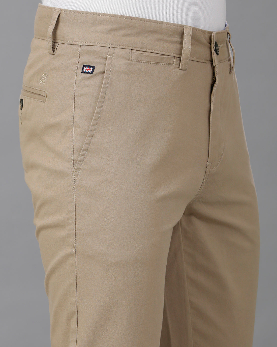 Lean Fit Cross Pocket Solid Beige Cotton Trouser