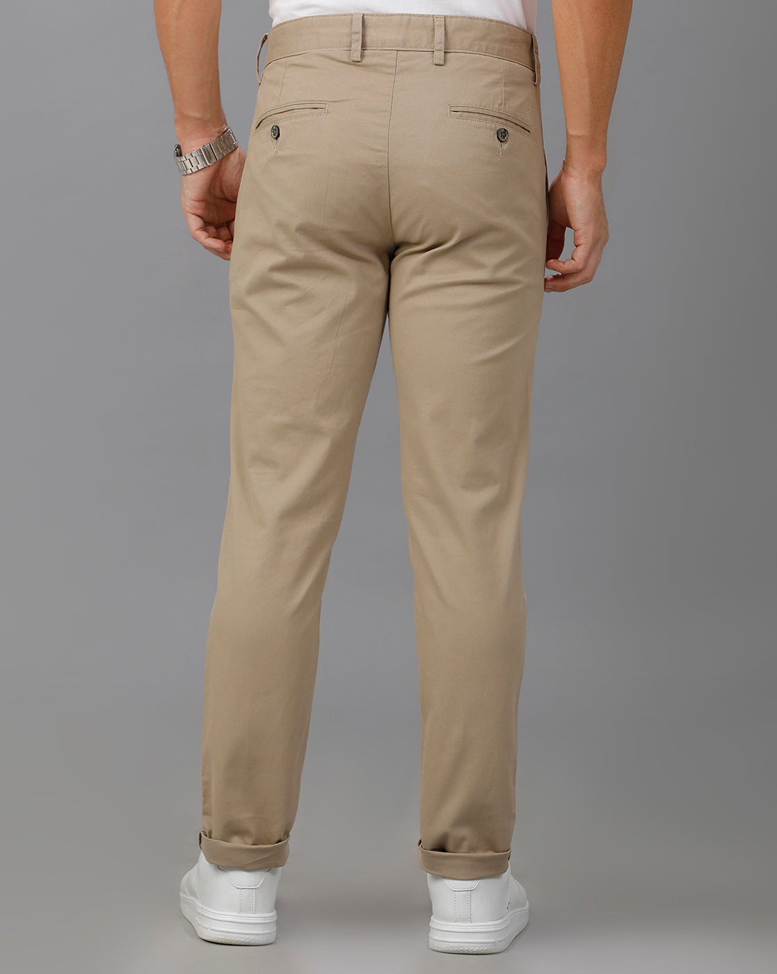 Lean Fit Cross Pocket Solid Beige Cotton Trouser