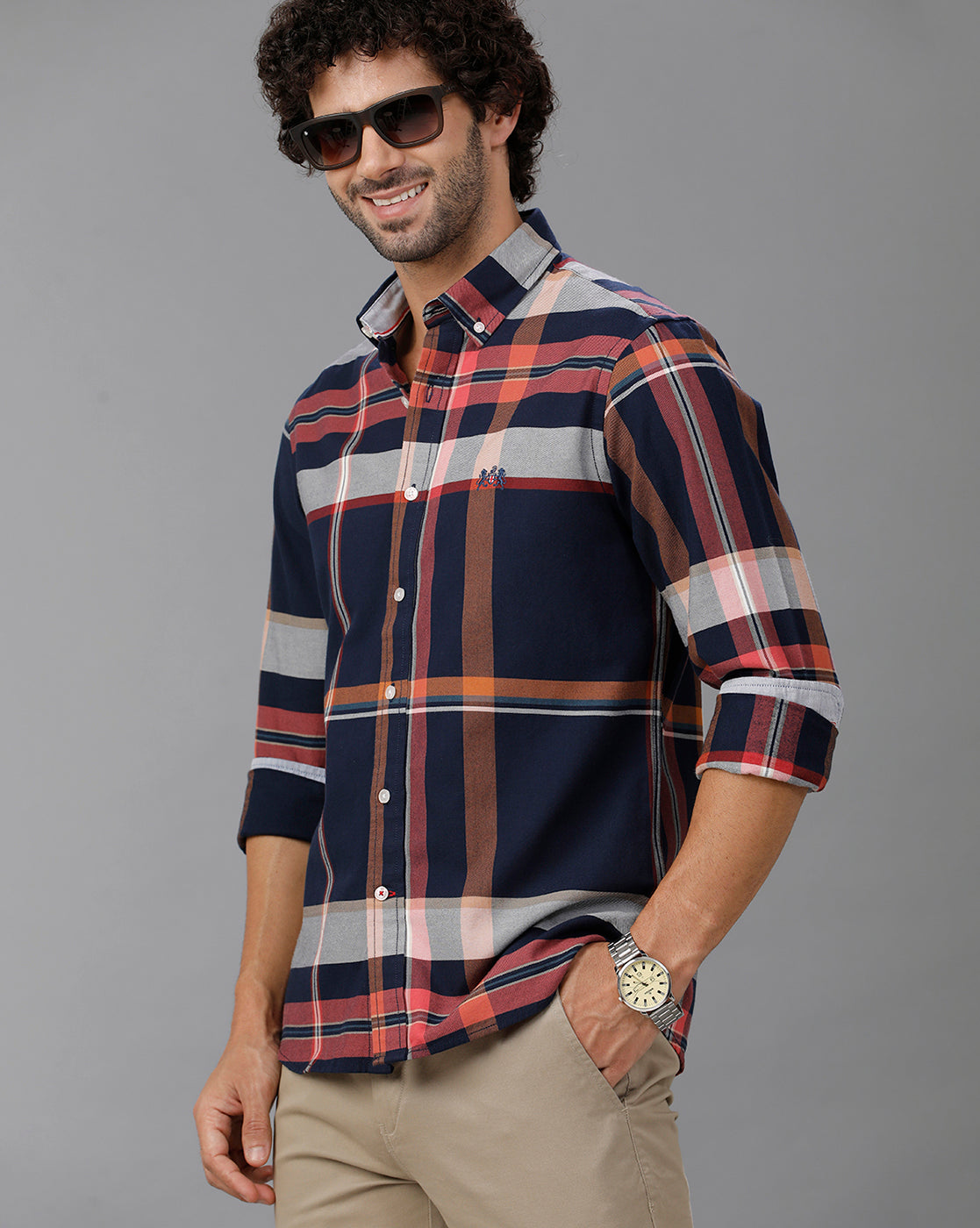 Navy Brushed Twill Checks Shirt