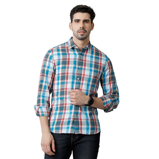 Turquoise Checks Cotton Shirt
