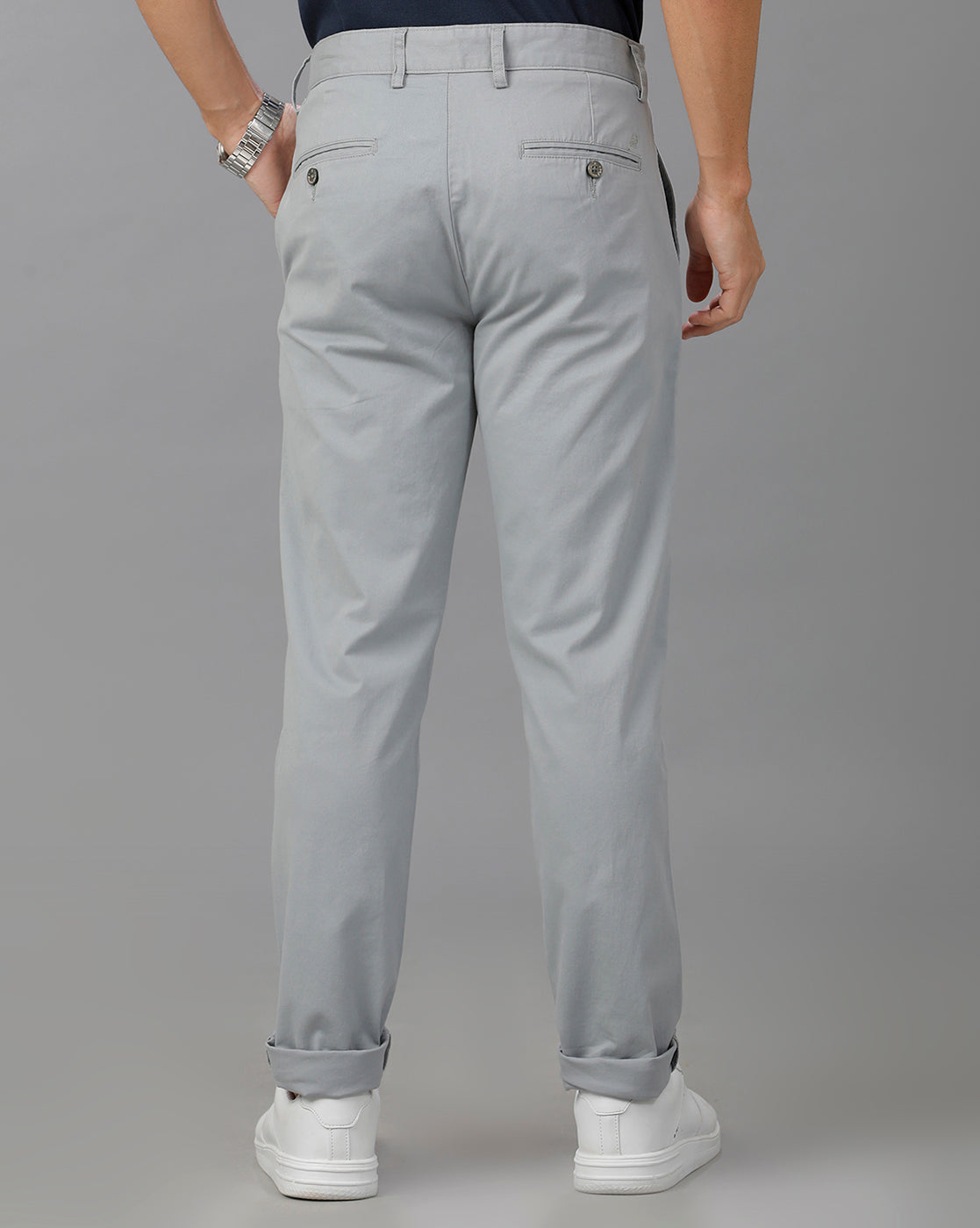 Lean Fit Cross Pocket Solid Silver Cotton Trouser