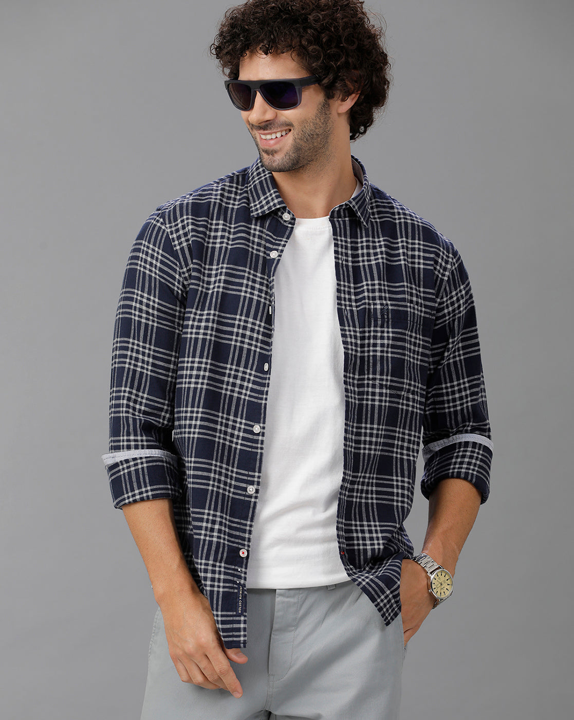 Navy Blue/White Brushed Twill Checks Shirt