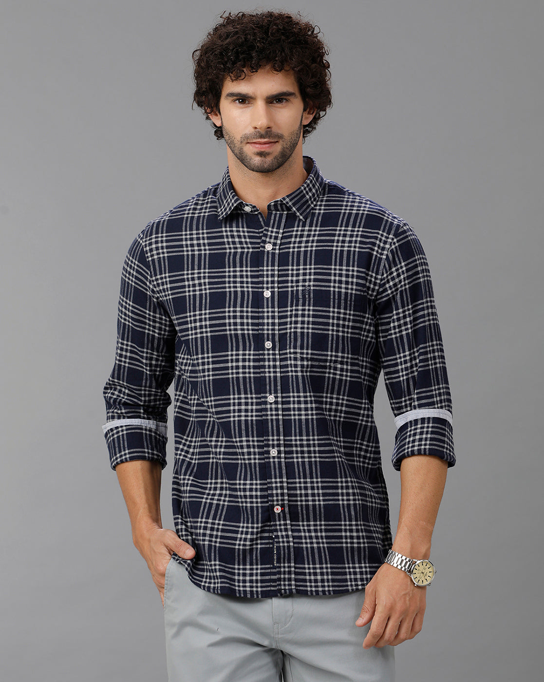 Navy Blue/White Brushed Twill Checks Shirt