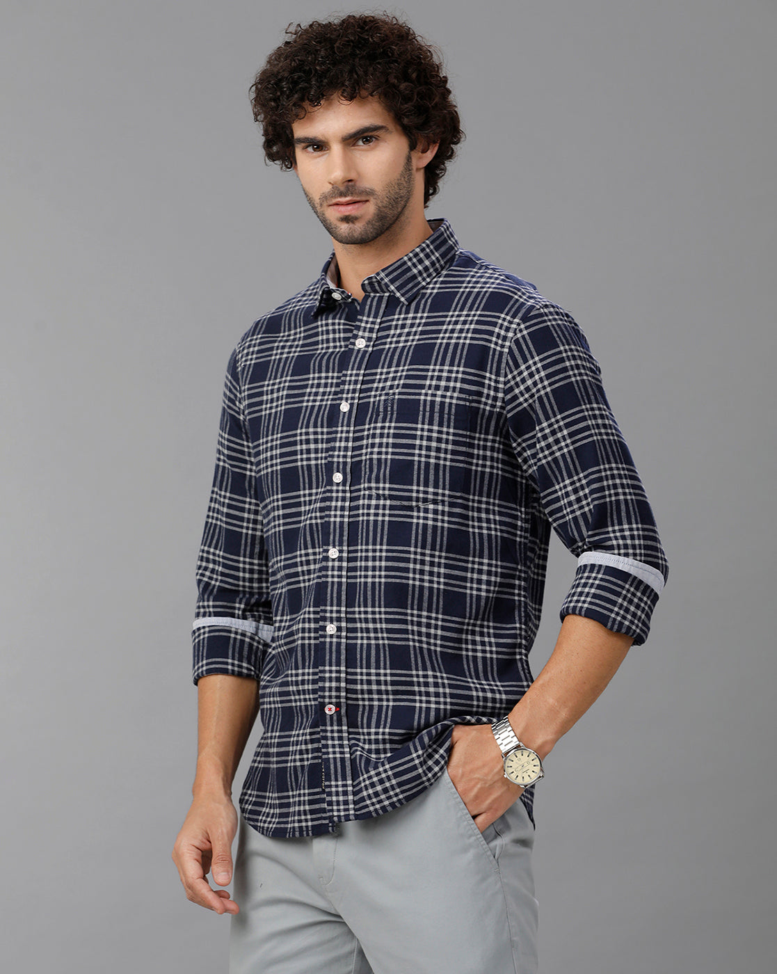 Navy Blue/White Brushed Twill Checks Shirt