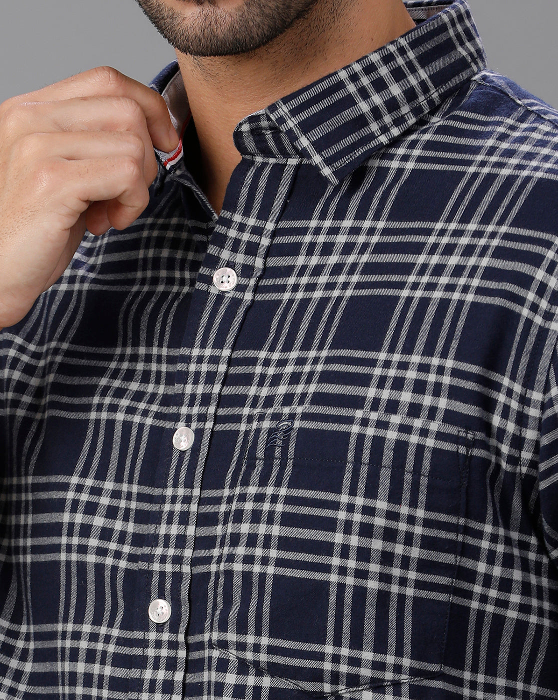 Navy Blue/White Brushed Twill Checks Shirt