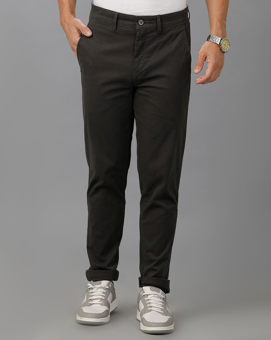 Lean Fit Cross Pocket Solid Light Grey Cotton Trouser