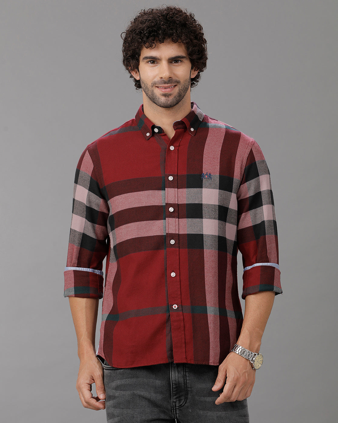 Maroon Brushed Twill Checks Shirt